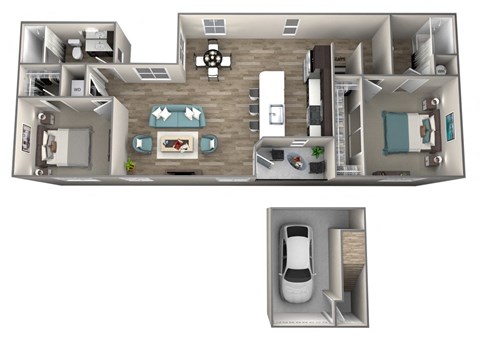 Floor plan for 2 beds, 2 baths, 1151 sqft